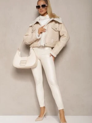 Białe Legginsy High Waist z Imitacji Skóry z Gumką w Pasie Ozdobione Guzikami Sinairis defox