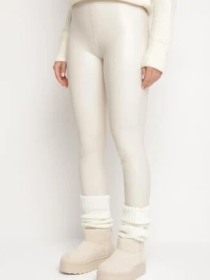 Białe Legginsy z Ekoskóry z Wysokim Stanem i Wsuwanymi Kieszeniami Rievalia