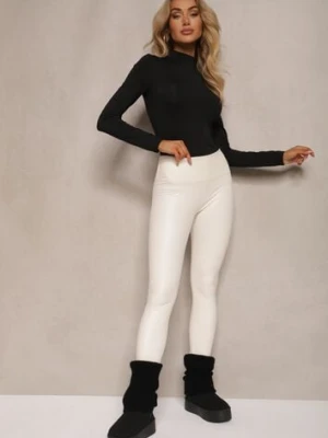 Białe Legginsy z Imitacji Skóry High Waist z Polarem Selabra defox