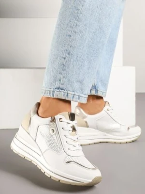 Białe Metaliczne Sneakersy ze Skóry Naturalnej na Koturnie z Ozdobnym Suwakiem Tarivone