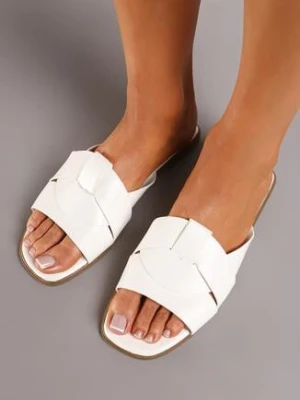 Białe Płaskie Klapki Wykończone Kwadratowym Noskiem Lorivia