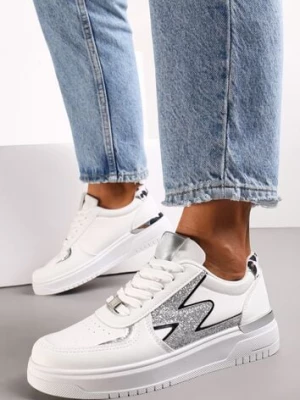 Białe Płaskie Sneakersy z Metalową i Brokatową Wstawką Nebritta