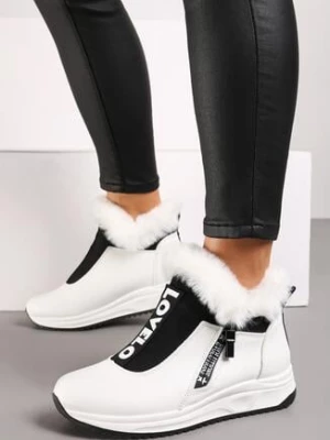 Białe Płaskie Sneakersy z Napisami i Futerkiem Riantha