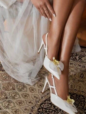 Białe Sandały na Szpilce Vices Slingback z Kwiatem 3D Koviano