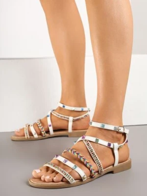 Białe Sandały Ozdobione Plecionką i Ćwiekami Tunivana renda