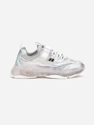 Białe Siateczkowe Buty Sportowe z Holograficznymi Wstawkami i Rzepem Rahen