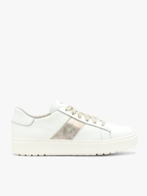 Białe skórzane półbuty z platynowym paskiem Ryłko