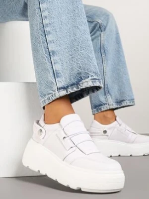 Białe Skórzane Sneakersy na Grubej Podeszwie Ozdobione Paskiem Reilana cambell