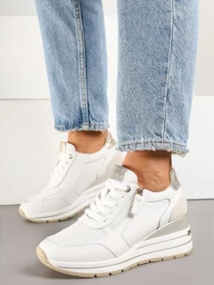 Zdjęcie produktu Białe Skórzane Sneakersy na Koturnie Ozdobione Suwakiem Pirival