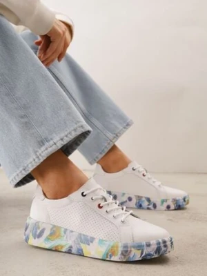 Białe Skórzane Sneakersy na Plaformie w Pióra z Perforacją Tidessa goodin