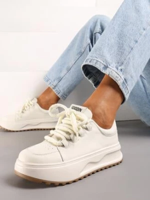 Białe Skórzane Sneakersy na Platformie z Szerokim Sznurowaniem Wicca