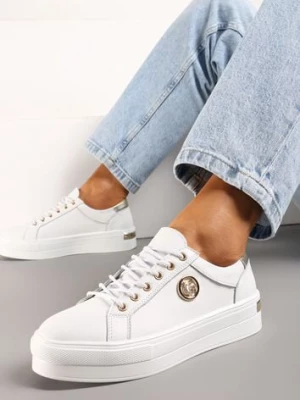 Białe Skórzane Sneakersy Sznurowane na Niskiej Platformie z Cyrkoniami Dorianlle
