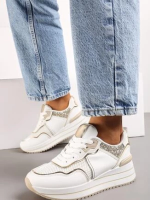 Białe Sneakersy na Grubej Podeszwie Ozdobione Brokatem Petasse