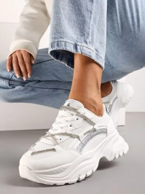Białe Sneakersy na Grubej Podeszwie Ozdobione Cyrkoniami i Brokatem Klineria