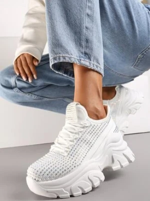Białe Sneakersy na Grubej Podeszwie Ozdobione Cyrkoniami Nallua