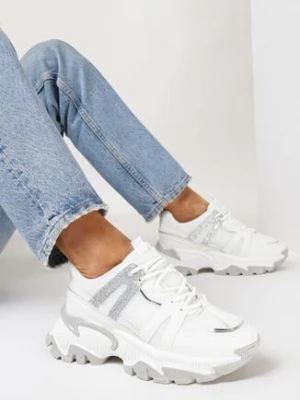 Białe Sneakersy na Grubej Podeszwie z Brokatem i Wstawkami Tensora