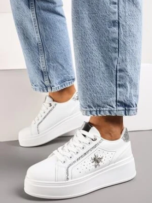 Białe Sneakersy na Grubej Podeszwie z Brokatowymi Akcentami i Metaliczną Aplikacją Owada Lolienta