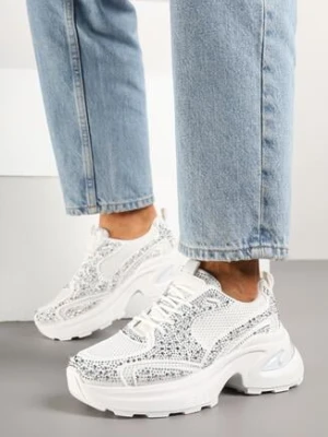 Białe Sneakersy na Grubej Podeszwie z Cyrkoniami Lenisse