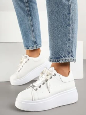 Białe Sneakersy na Grubej Podeszwie z Cyrkoniami Vivanne
