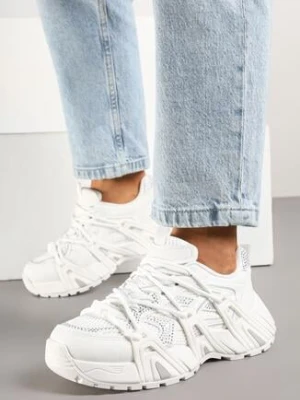 Białe Sneakersy na Grubej Podeszwie z Geometrycznym Wzorem i Cyrkoniami Lavinoria