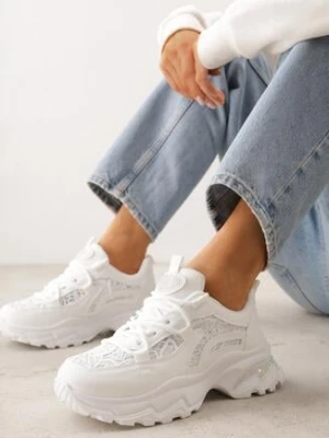 Białe Sneakersy na Grubej Podeszwie z Koronkowymi Wstawkami i Cyrkoniami Sephialle sport