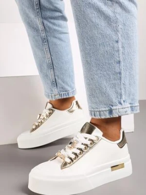 Białe Sneakersy na Grubej Podeszwie z Metalicznymi Wstawkami i Cyrkoniami Himaria