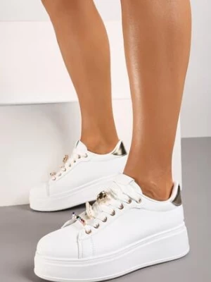 Białe Sneakersy na Grubej Podeszwie z Ozdobami przy Sznurówkach Ellajoy