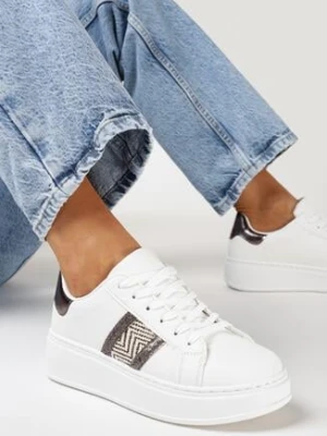 Białe Sneakersy na Grubej Podeszwie z Ozdobną Taśmą z Brokatem i Metaliczną Wstawką Pirnessa