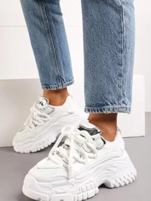 Białe Sneakersy na Grubej Podeszwie z Ozdobnym Sznurowaniem przed Kostkę Mystarie