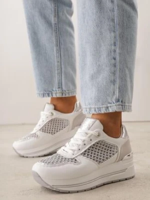 Białe Sneakersy na Grubej Podeszwie z Siateczkowymi i Metalicznymi Wstawkamu Sewtira maira