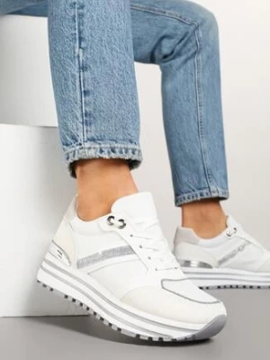 Białe Sneakersy na Grubej Podeszwie Zdobione Brokatem Elenina confly