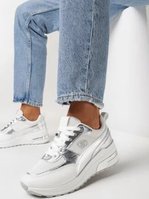 Białe Sneakersy na Grubej Podeszwie ze Sznurowaniem i Błyszczącymi Wstawkami Airelim