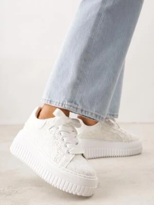 Białe Sneakersy na Grubej Tłoczonej Platformie Ozdobione Brokatem i Koronką Zellysh