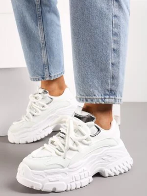 Białe Sneakersy na Grubej Tłoczonej Podeszwie z Podwójnym Sznurowaniem Glefida