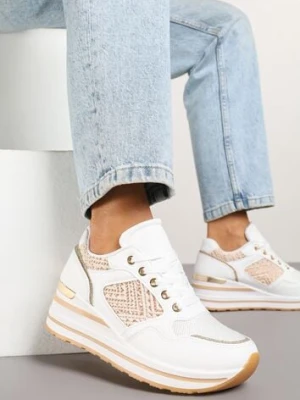 Białe Sneakersy na Koturnie z Geometrycznym Wzorem i Brokatem Tillineira