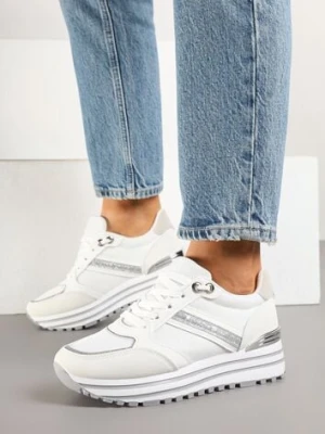 Białe Sneakersy na Niskiej Platformie z Brokatem i Metaliczną Wstawką Fennena confly