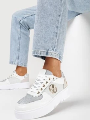 Białe Sneakersy na Niskiej Platformie z Brokatem i Metalicznymi Wstawkami Winfrea