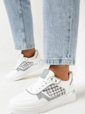 Białe Sneakersy na Niskiej Platformie z Tweedową Wstawką Niman