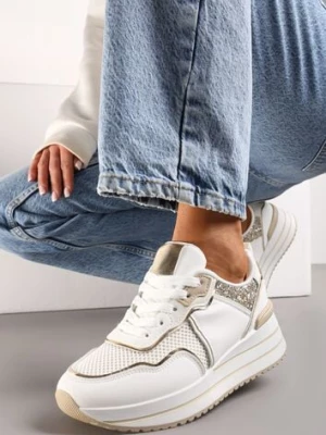 Białe Sneakersy na Niskiej Platformie ze Wstawkami z Brokatu Quinnes