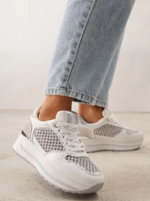 Białe Sneakersy na Platformie Ozdobione Metalicznymi Wstawkami i Siateczką Zitina maira