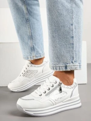 Białe Sneakersy na Platformie Ozdobione Suwakiem i Paskami Korirae
