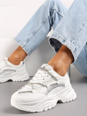 Białe Sneakersy na Platformie z Brokatem i Cyrkoniami Ebavia