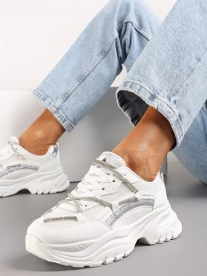 Zdjęcie produktu Białe Sneakersy na Platformie z Brokatem i Cyrkoniami Ebavia