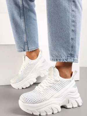 Białe Sneakersy na Platformie z Cholewką z Cyrkoniami Harilena