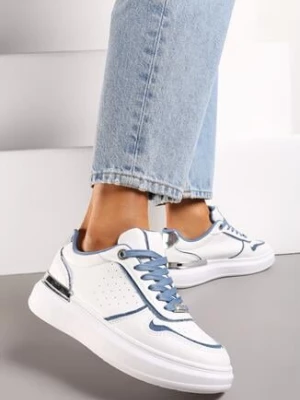 Białe Sneakersy na Platformie z Materiałowymi Wstawkami i Cyrkoniami Przy Sznurówkach Nylith