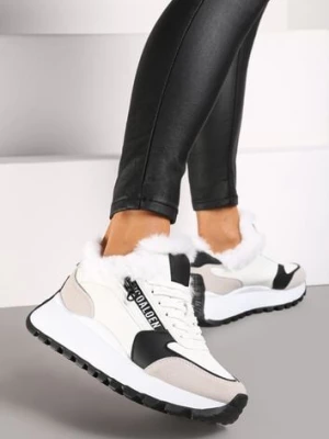 Białe Sneakersy na Platformie z Napisem Sznurowaniem i Futerkiem Vazina