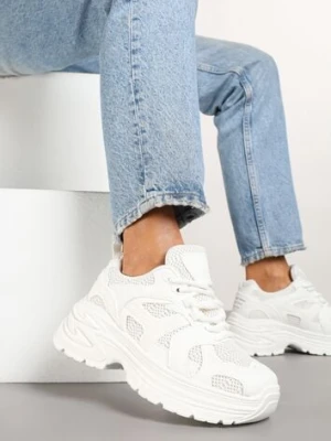 Białe Sneakersy na Platformie z Tłoczeniem i Geometrycznym Wzorem Melvila