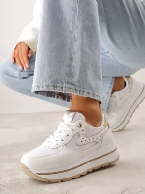 Białe Sneakersy na Platformie z Tweedowym Zdobieniem i Perforacją Dioseleia