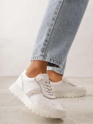 Białe Sneakersy na Platformie z Wkładką ze Skóry Naturalnej i Napisam Haidena modern world