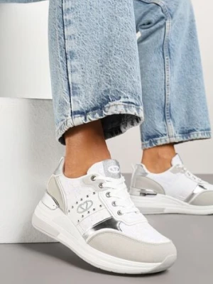 Białe Sneakersy na Ukrytym Koturnie z Koronką i Metalicznymi Wstawkami Edililia
